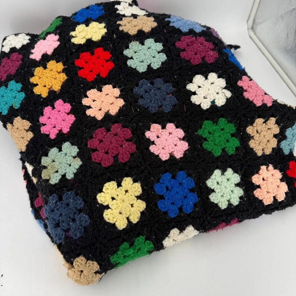 Vtg granny square crochet blanket colorful motifs against a black 54.5